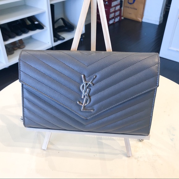 Yves Saint Laurent Monogram Leather Pouch Grey